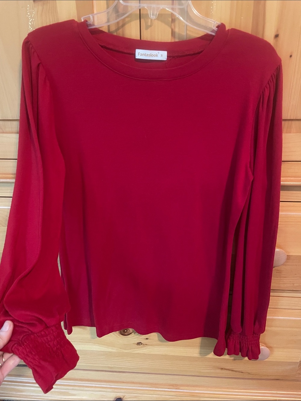 Fantaslook Women's Red Long-Sleeve Smocked Cuff Top with gathered shoulders